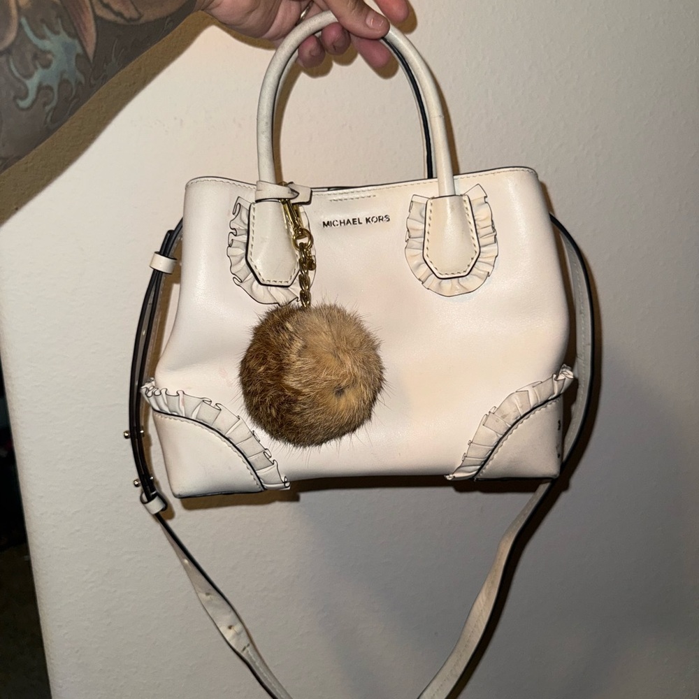 Michael Kors Cream Satchel with Fur Pom Pom